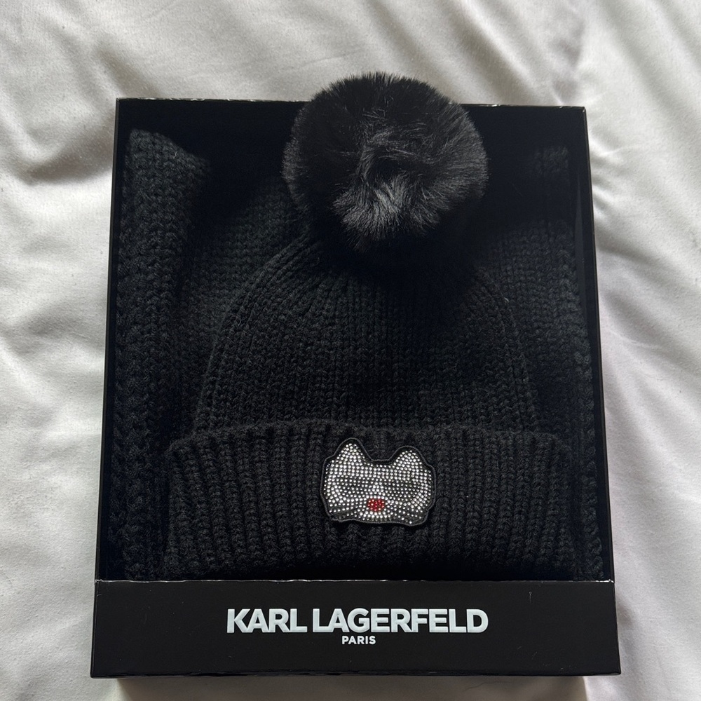 Karl Lagerfeld Kids Black Knit Hat with Pom-Pom and Scarf